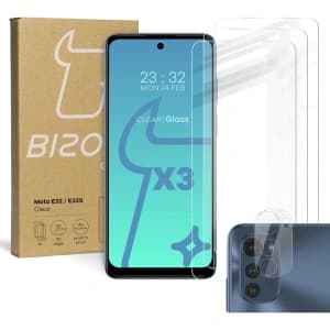 Bizon Glas Klar gehärtetes Glas - 3 Stk. + Linsen Glas Motorola Moto E32 / E32s