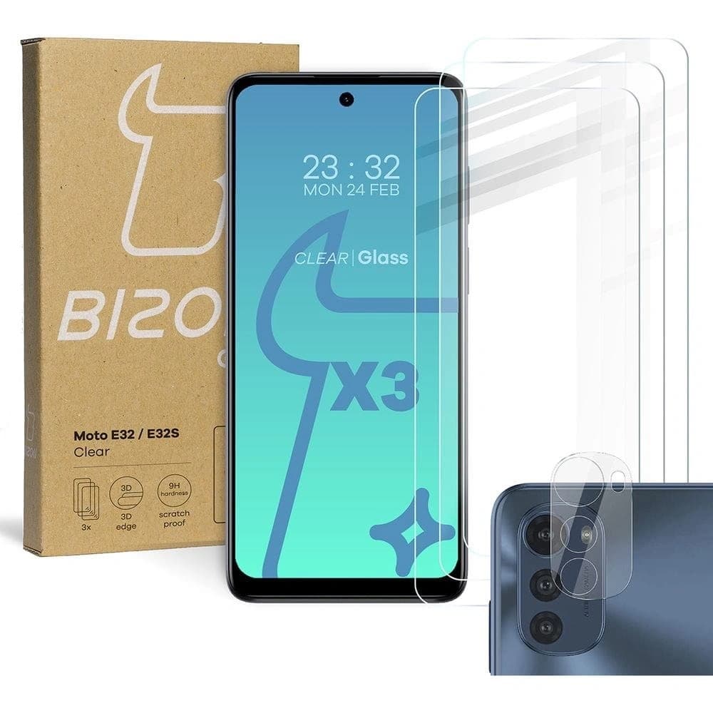 Bizon Glas Klar gehärtetes Glas - 3 Stk. + Linsen Glas Motorola Moto E32 / E32s - 1