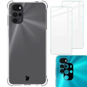Bizon Case Clear Pack Hülle + 2x Bildschirmglas + Objektivglas Moto G22 klar