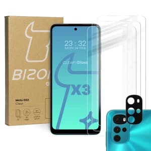 Bizon-Glas Klarglas gehärtetes Glas - 3 Stk. + Linsenglas Motorola Moto G22