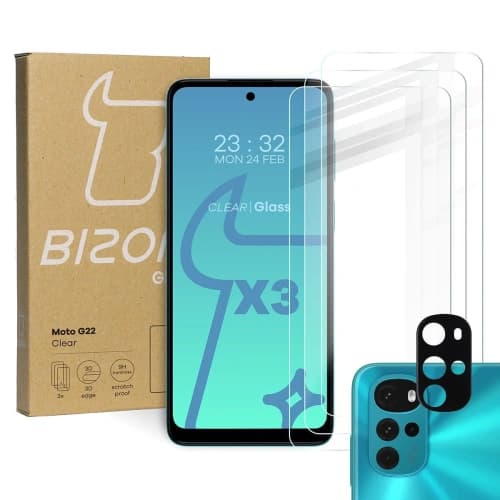 Bizon Glass Clear tempered glass - 3 pcs. + lens glass Motorola Moto G22