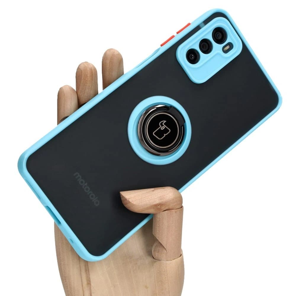 Bizon Case Hybrid Ring Motorola Moto G42 rauchig mit einem hellblauen Rahmen - 1