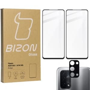Bizon Glas Edge gehärtetes Glas - [2 PACK] + Linsenschutz Oppo A54 5G / A74 5G schwarz