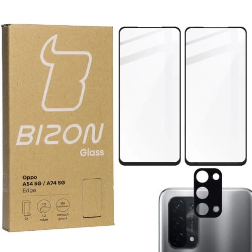 Bizon Glas Edge gehärtetes Glas - [2 PACK] + Linsenschutz Oppo A54 5G / A74 5G schwarz