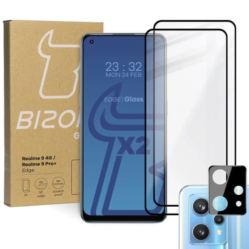 Bizon Glass Edge gehärtetes Glas - [2 PACK] + Linsenschutz für Realme 9 4G / Realme 9 Pro+ schwarz