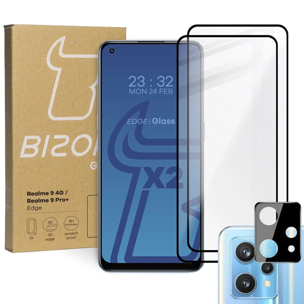 Bizon Glass Edge gehärtetes Glas - [2 PACK] + Linsenschutz für Realme 9 4G / Realme 9 Pro+ schwarz - 1