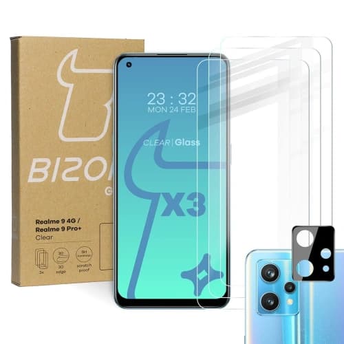 Bizon Glas Klar gehärtetes Glas - 3 Stück + Linsen Glas Realme 9 4G / Realme 9 Pro+