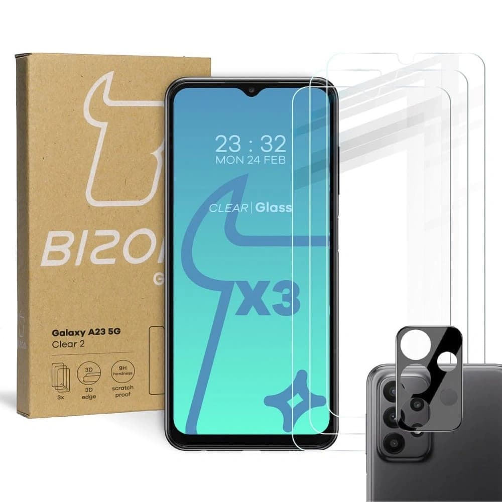 BIZON Clear 2 Pack 3x screen glass + camera glass Samsung Galaxy A23 5G - 1