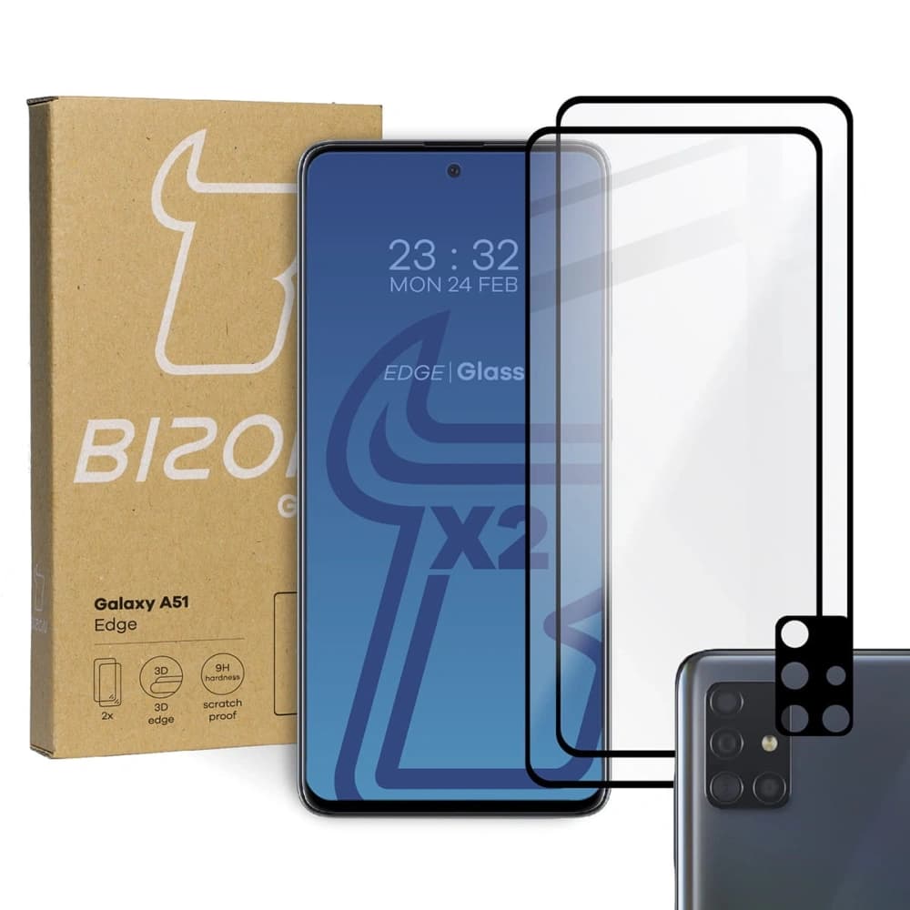 Bizon Glass Edge 2x gehärtetes Glas + Linsenschutz Samsung Galaxy A51 schwarz - 1
