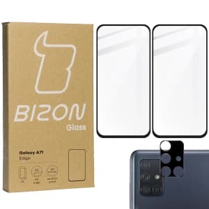 Bizon Glas Edge 2x gehärtetes Glas + Linsenschutz Samsung Galaxy A71 schwarz