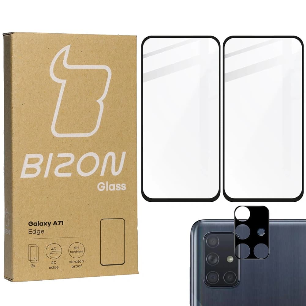 Bizon Glas Edge 2x gehärtetes Glas + Linsenschutz Samsung Galaxy A71 schwarz - 1