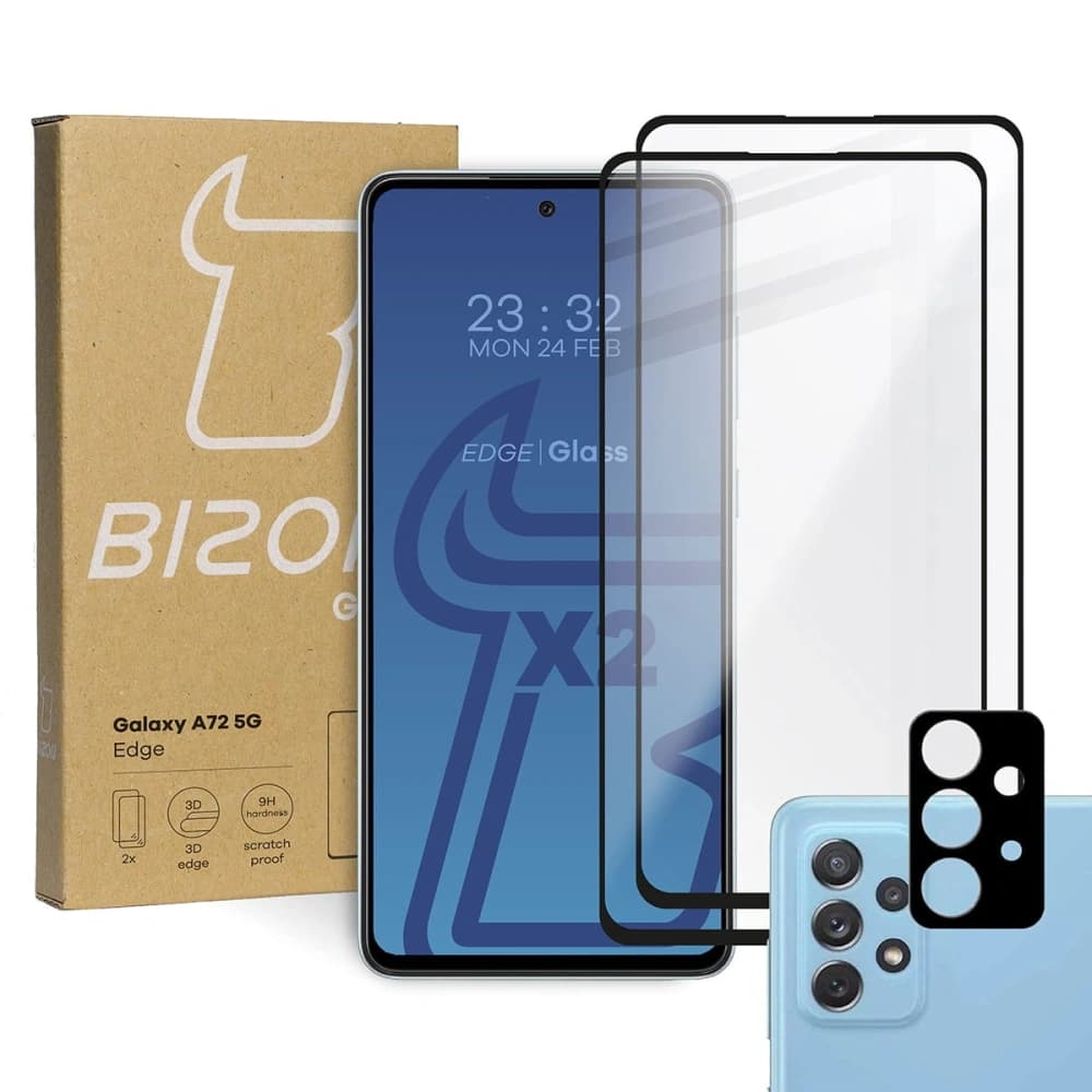 Bizon Glas Edge 2x gehärtetes Glas + Linsenschutz Samsung Galaxy A72 5G schwarz - 1