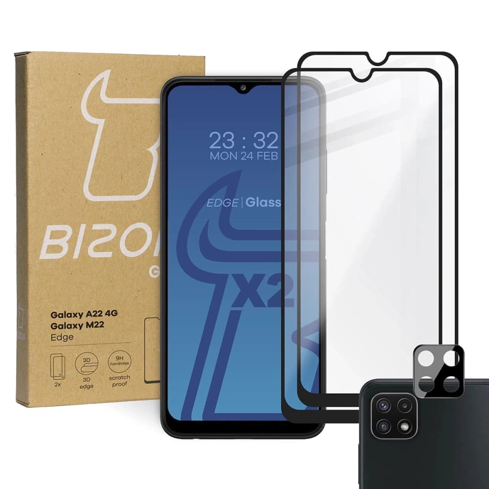 Bizon Glass Edge 2x gehärtetes Glas + Linsenschutz Samsung Galaxy A22 4G / M22 - 1
