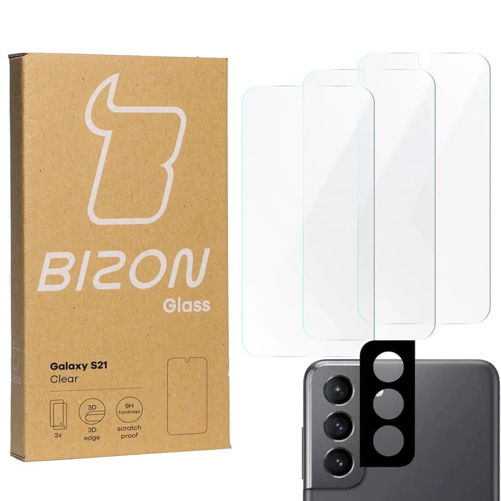 Bizon Glas Klar gehärtetes Glas - 3 St. + Linsenglas Samsung Galaxy S21 5G - 1