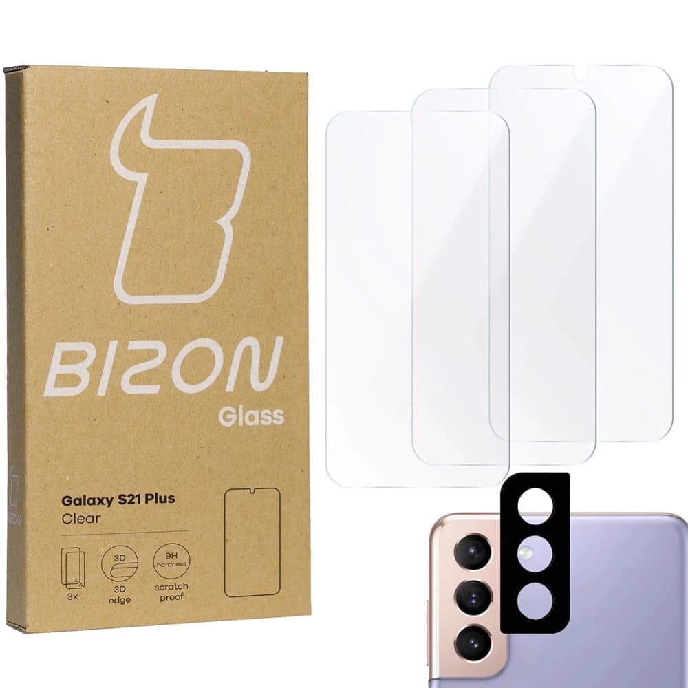 Bizon Glas Klar gehärtetes Glas - 3 Stk. + Linsenglas Samsung Galaxy S21 Plus 5G - 1