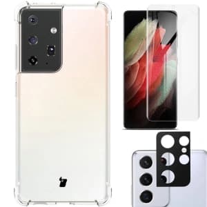 Bizon Case Clear Pack Hülle + 2x Bildschirmfolie + Linsenschutz Samsung Galaxy S21 Ultra klar