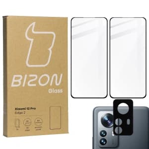 Szkło hartowane Bizon Glass Edge 3D - [2 PACK] + ochrona na obiektyw Xiaomi 12 Pro czarne