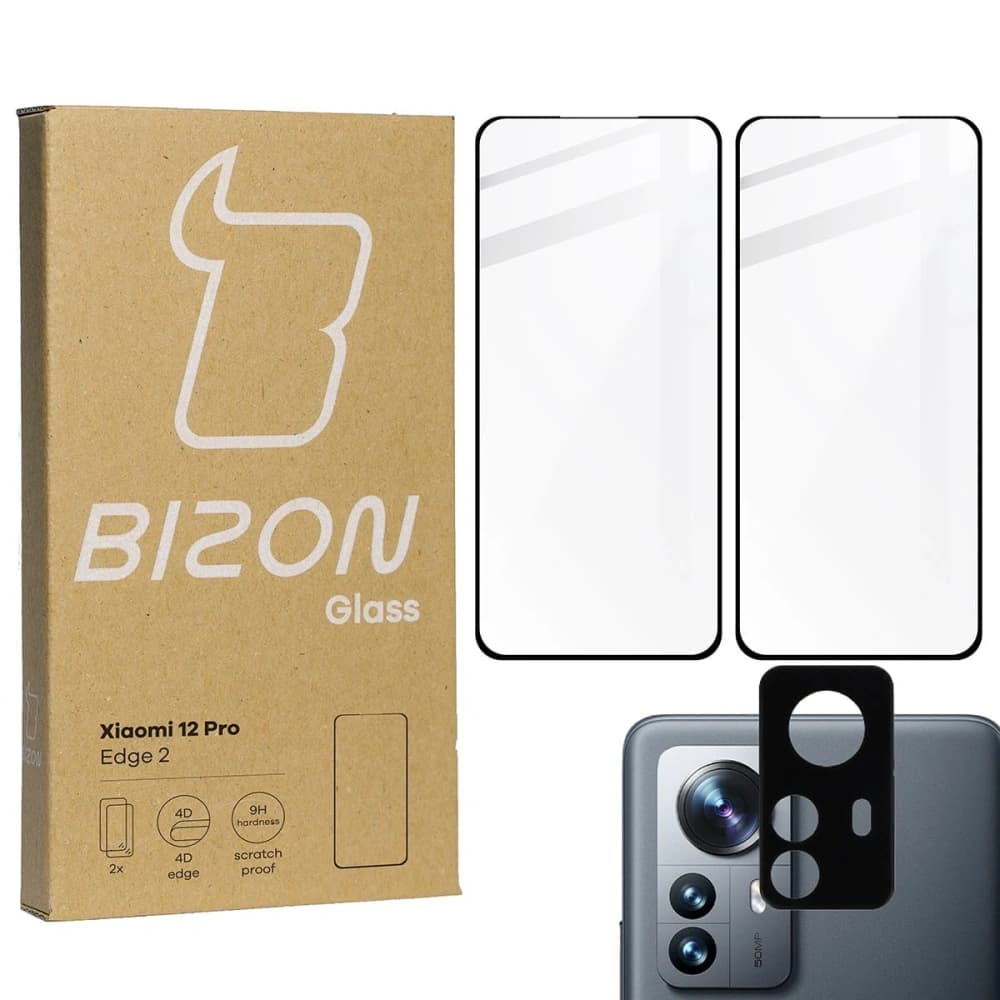 Bizon Glass Edge 3D gehärtetes Glas - [2 PACK] + Linsenschutz Xiaomi 12 Pro schwarz - 1