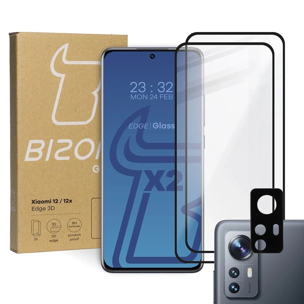 Bizon Glass Edge 3D gehärtetes Glas - [2 PACK] + Linsenschutz Xiaomi 12 / 12X schwarz - 1