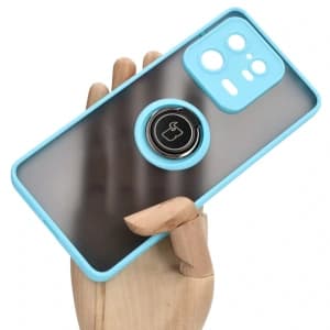 Bizon Case Hybrid Ring Xiaomi 13 Pro rauchig mit einem hellblauen Rahmen