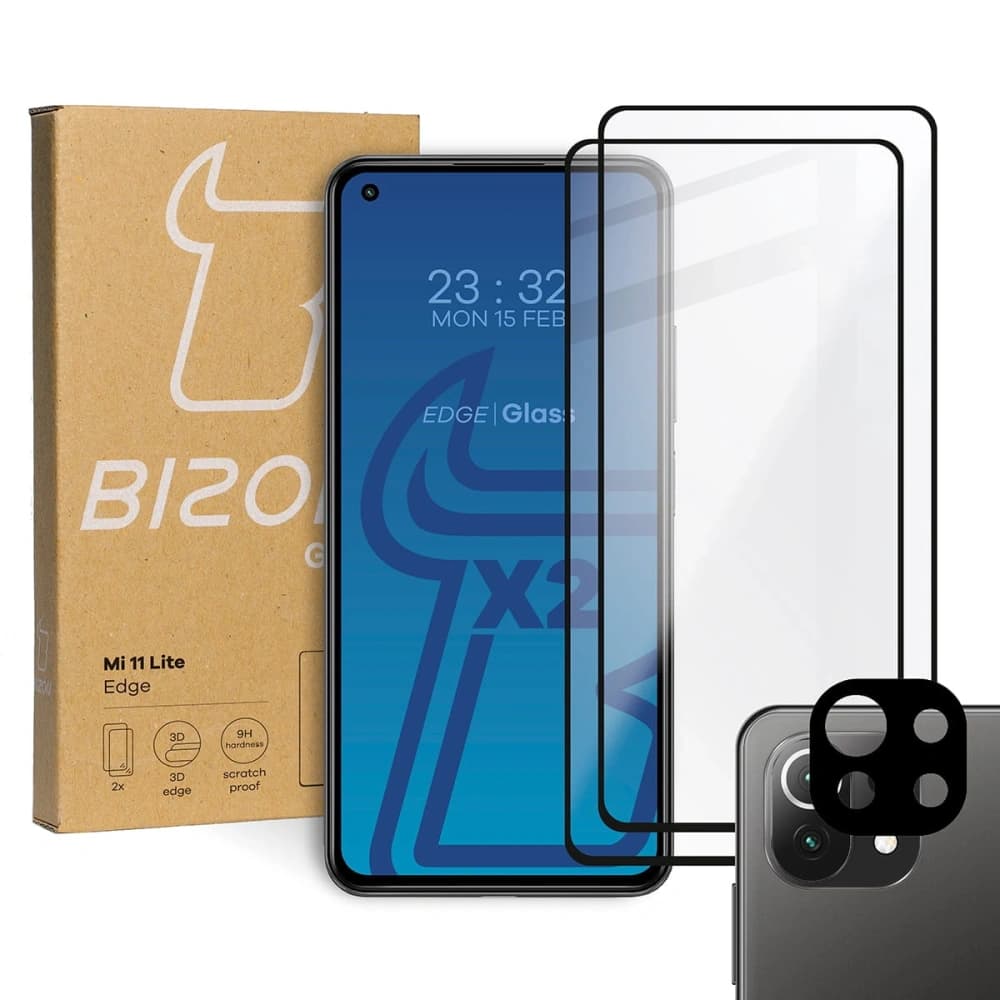 Bizon Glass Edge gehärtetes Glas - [2 PACK] + Linsen Schutz Xiaomi Mi 11 Lite / 5G / 5G NE schwarz - 1
