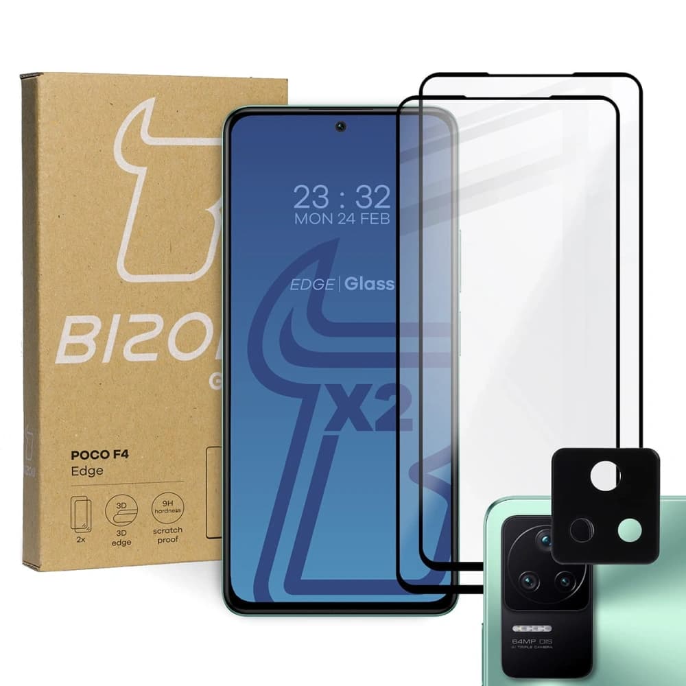 Bizon Glass Edge gehärtetes Glas - [2 PACK] + Linsenschutz Xiaomi Poco F4 schwarz - 1