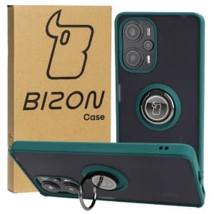 Bizon Case Hybrid Ring Xiaomi Poco F5 rauchig mit einem dunkelgrünen Rahmen