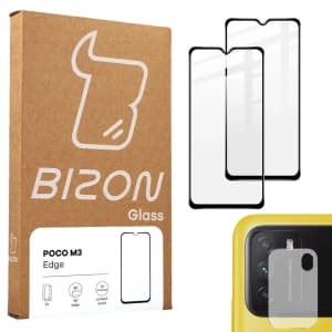 Bizon Glass Edge gehärtetes Glas - [2 PACK] + Linsenschutz Xiaomi Poco M3 schwarz