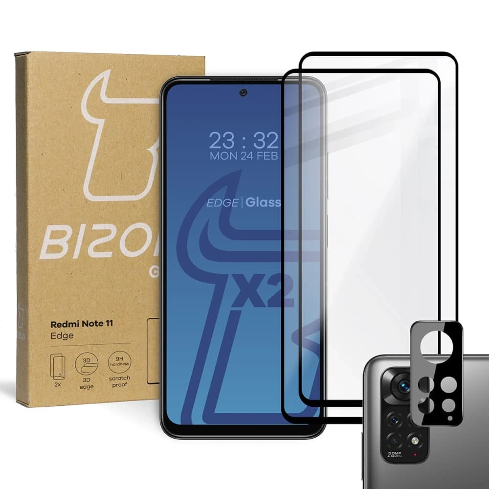 Bizon Glass Edge gehärtetes Glas - [2 PACK] + Linsenschutz für Redmi Note 11 schwarz - 1