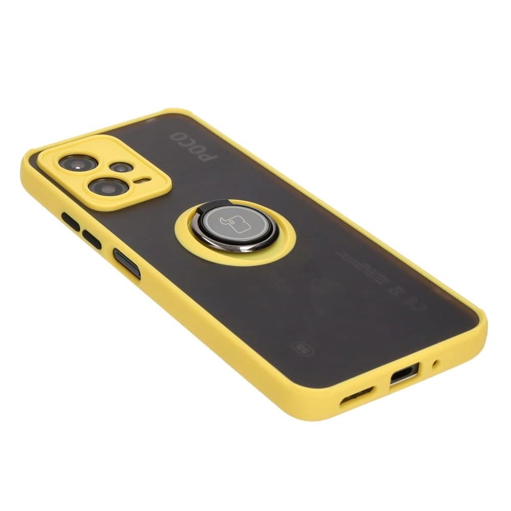 Etui z uchwytem na palec Bizon Case Hybrid Ring do Xiaomi Poco X5 / Redmi Note 12 5G przydymione z żółtą ramką - 4
