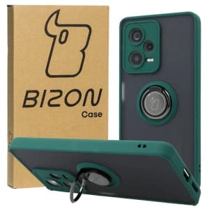 Etui z uchwytem na palec Bizon Case Hybrid Ring do Xiaomi Redmi Note 12 Pro+ 5G przydymione z ciemnozieloną ramką