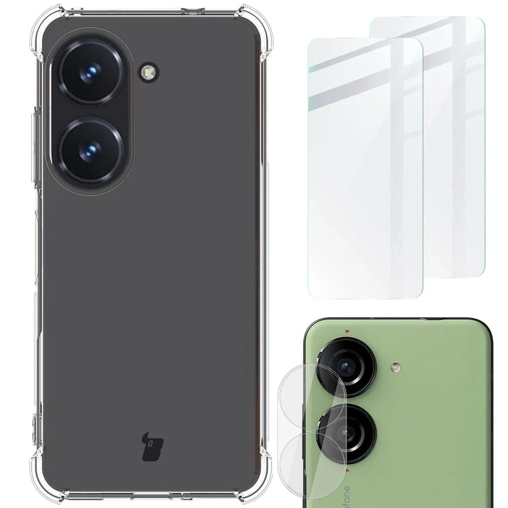 Bizon Case Clear Pack Hülle + 2x Displayschutzglas + Linsenschutzglas für Asus Zenfone 10 klar - 1