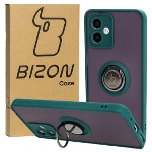 Bizon Case Hybrid Ring Motorola Moto G14 rauchig mit einem dunkelgrünen Rahmen