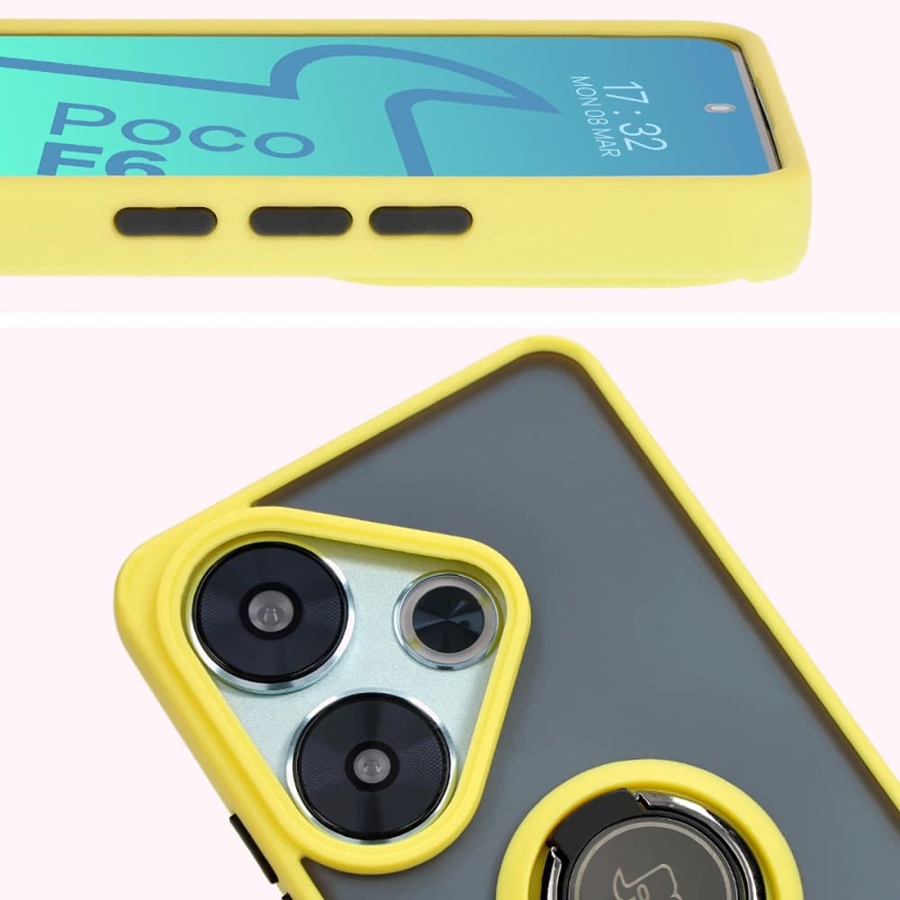 Bizon Case Hybrid Ring Xiaomi Poco F6 rauchig mit einem gelben Rahmen - 7