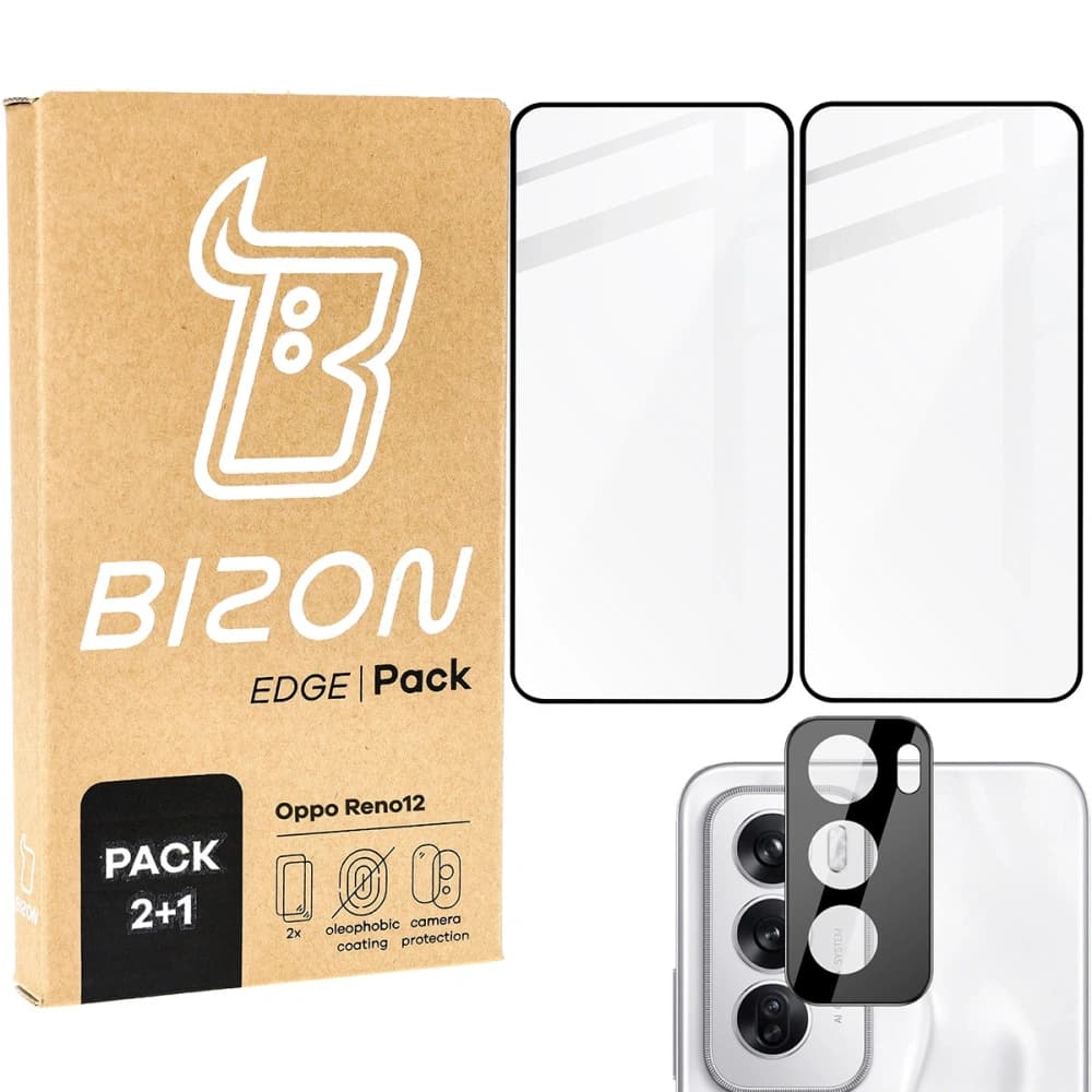 Bizon Edge 3D Pack 2x gehärtetes Glas mit Rahmen + Kameraglas für Oppo Reno 12 - 1