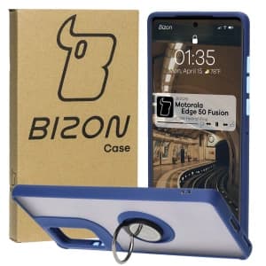 Bizon Case Hybrid Ring Motorola Edge 50 Fusion rauchig mit einem marineblauen Rahmen