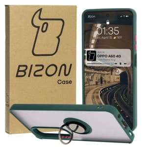 Etui z uchwytem na palec Bizon Case Hybrid Ring do Oppo A60 4G przydymione z ciemnozieloną ramką