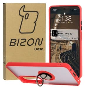 Etui z uchwytem na palec Bizon Case Hybrid Ring do Oppo A60 4G przydymione z czerwoną ramką