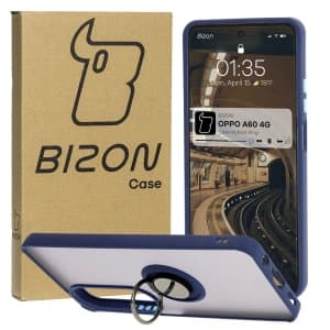 Etui z uchwytem na palec Bizon Case Hybrid Ring do Oppo A60 4G przydymione z granatową ramką
