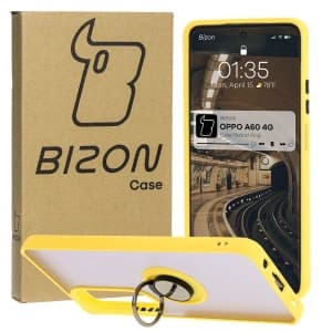Etui z uchwytem na palec Bizon Case Hybrid Ring do Oppo A60 4G przydymione z żółtą ramką