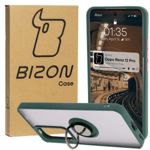 Bizon Case Hybrid Ring Oppo Reno 12 Pro rauchig mit einem dunkelgrünen Rahmen