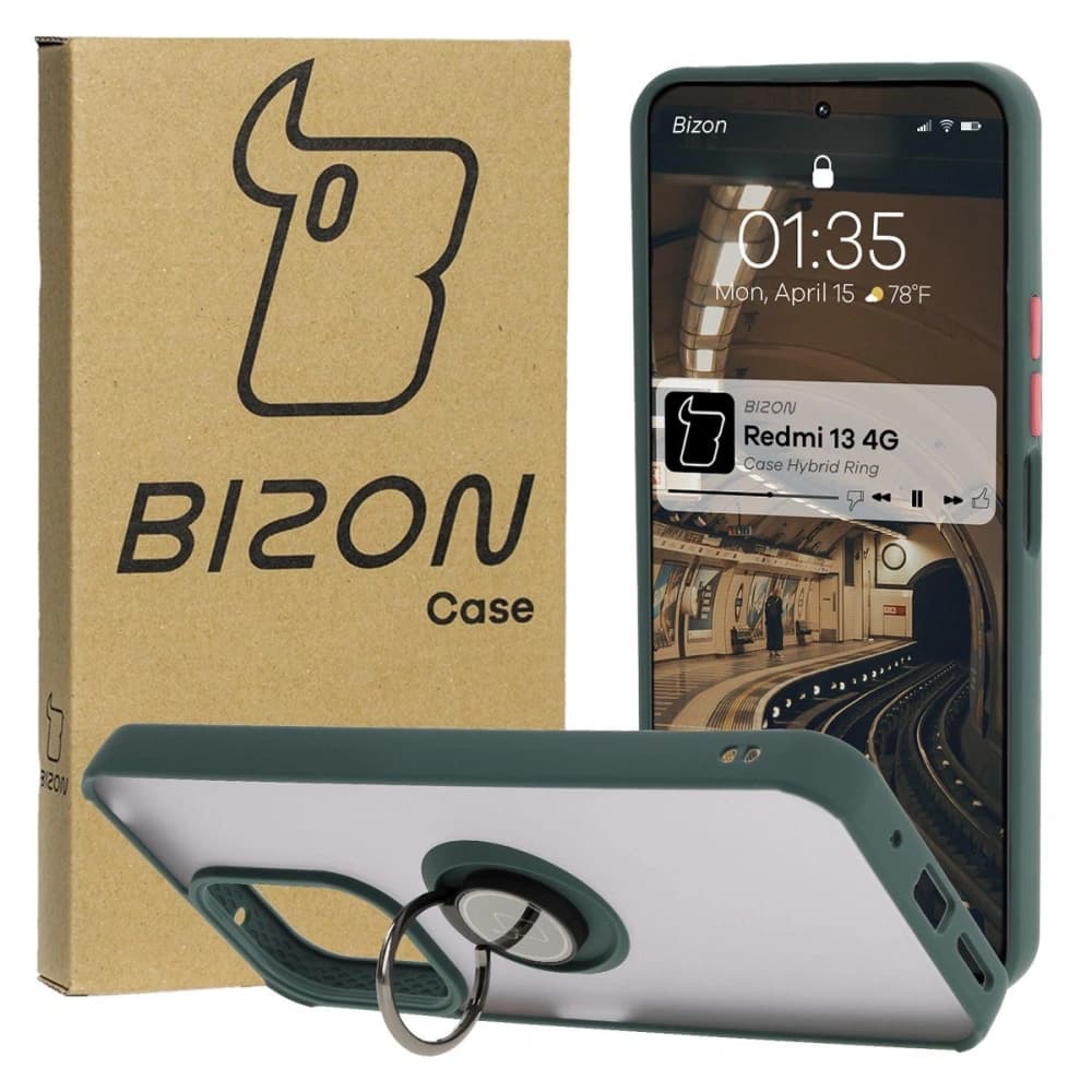 Bizon Case Hybrid Ring Xiaomi Redmi 13 4G smoky with a dark green frame - 1