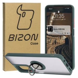 Bizon Case Hybrid Ring Motorola Moto G35 5G rauchig mit einem dunkelgrünen Rahmen