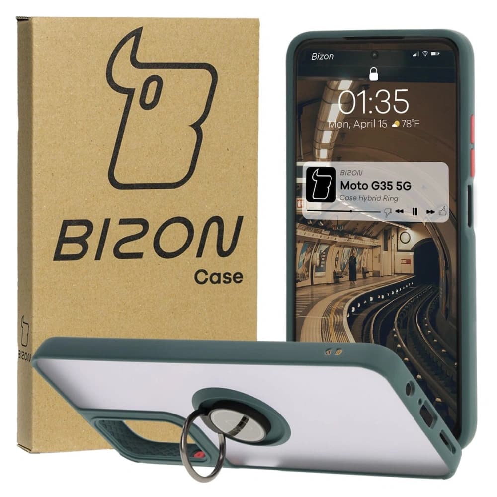 Bizon Case Hybrid Ring Motorola Moto G35 5G rauchig mit einem dunkelgrünen Rahmen - 1