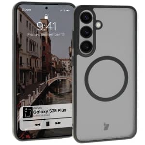 Etui z pierścieniem magnetycznym Bizon Case MatteO do Samsung Galaxy S25 Plus półprzezroczyste z czarną ramką