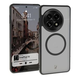 Etui z pierścieniem magnetycznym Bizon Case MatteO do OnePlus 13 półprzezroczyste z czarną ramką