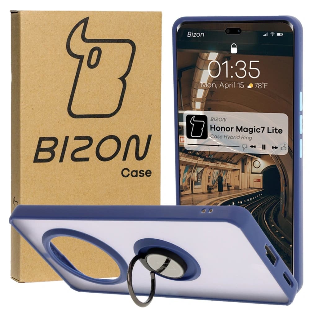 Bizon Case Hybrid Ring Honor Magic7 Lite smoky with a dark blue frame - 1