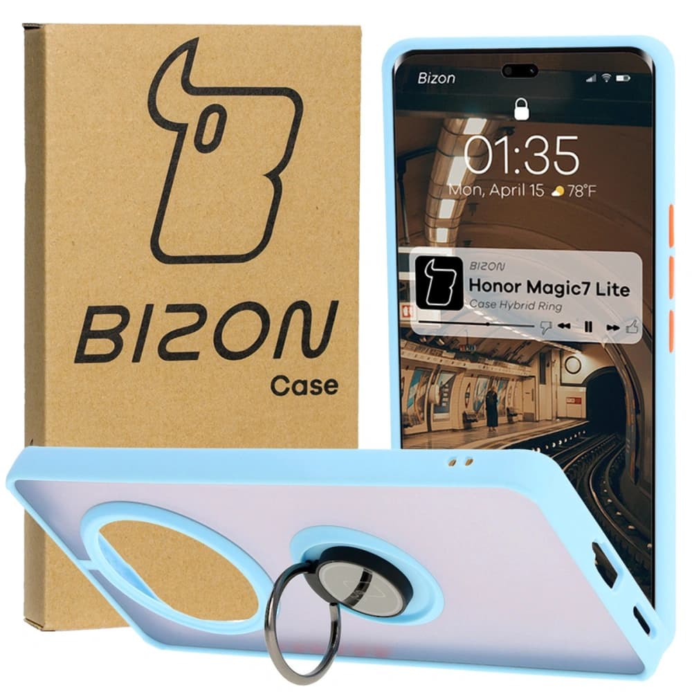 Bizon Case Hybrid Ring Honor Magic7 Lite smoky with a light blue frame - 1