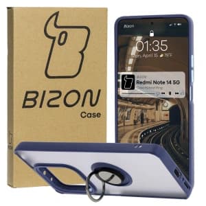 Bizon Case Hybrid Ring Xiaomi Redmi Note 14 5G rauchig mit einem dunkelblauen Rahmen