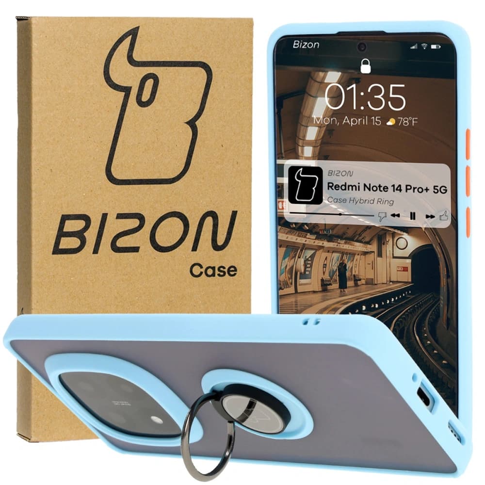 Bizon Case Hybrid Ring Xiaomi Redmi Note 14 Pro Plus 5G rauchig mit einem hellblauen Rahmen - 1